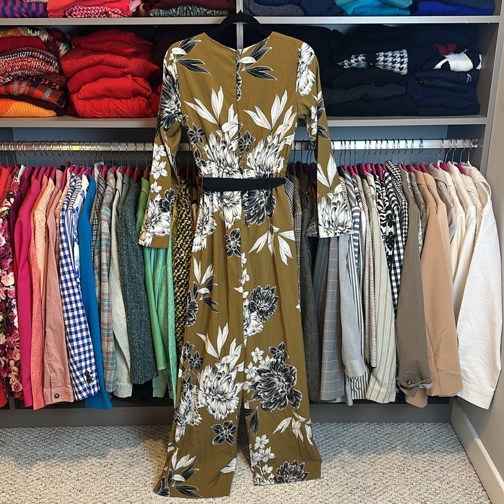 Who What Wear olive/black/white long sleeve elastic waistband belted jumpsuit XS - Picture 3 of 3